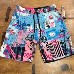 Quiksilver Blue and Pink Board Shorts Vibrant Patchwork Design Size 38